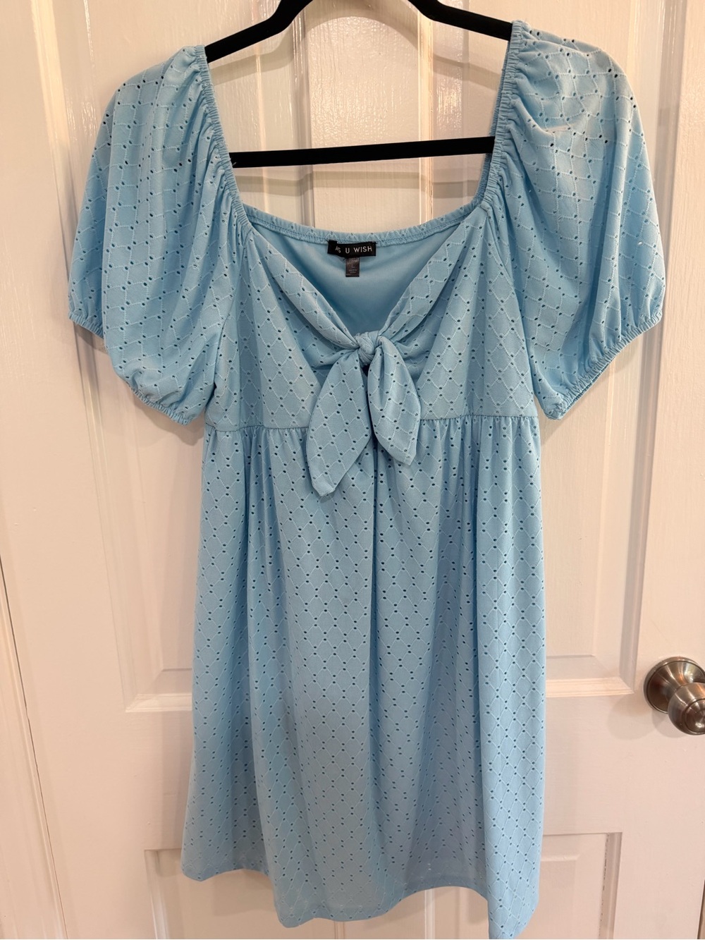 As U Wish Light Blue Eyelet Tie-Front Peasant Dress